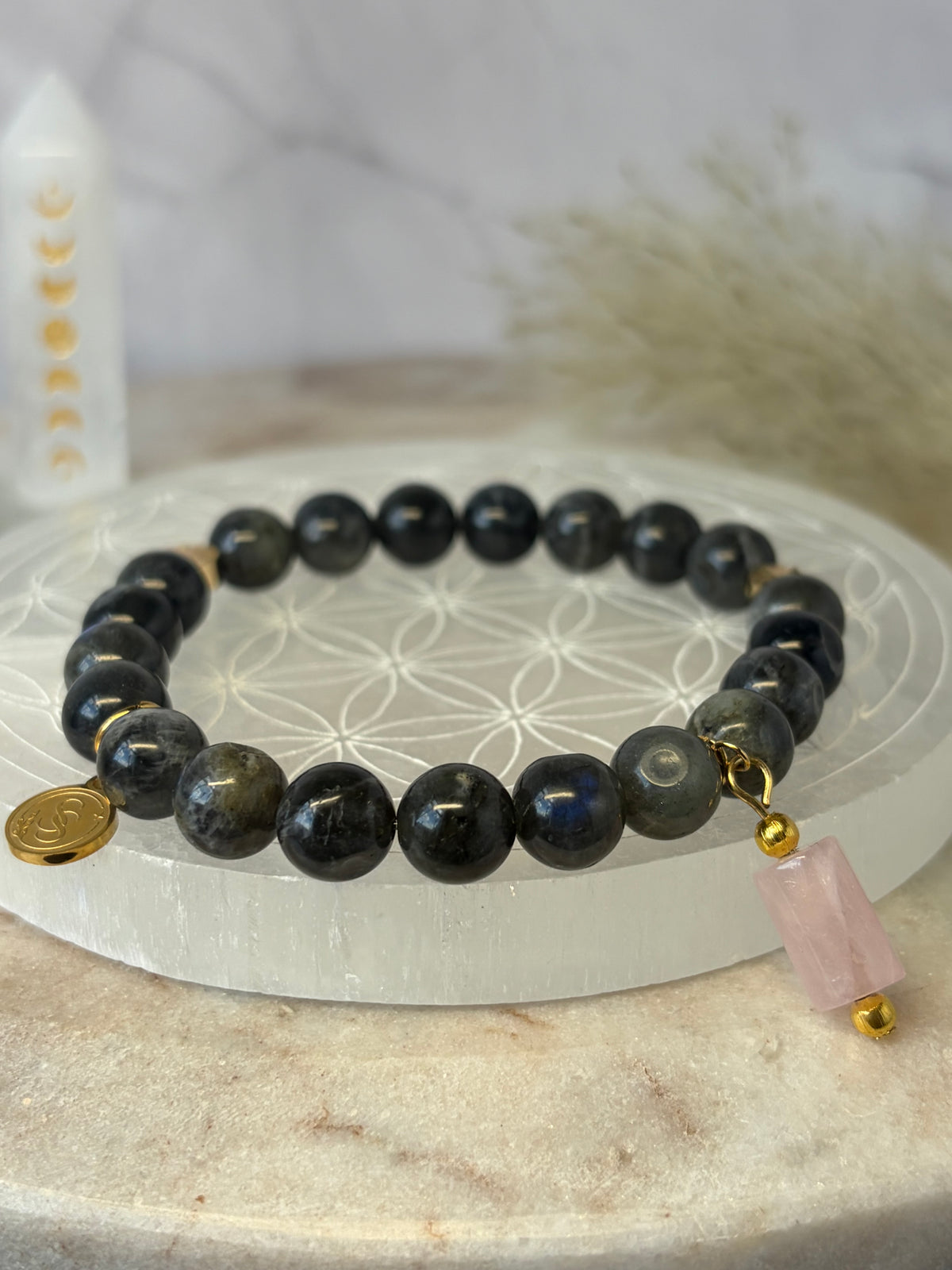 Statement Labradorite Bracelet with a Rose Quartz Pendant Drop Charm