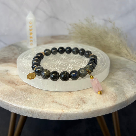 Statement Labradorite Bracelet with a Rose Quartz Pendant Drop Charm