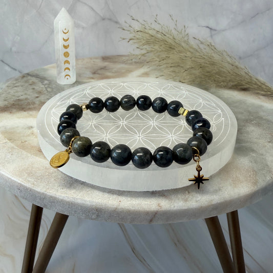 Statement Labradorite Bracelet with a North Star Drop Charm plus a Moon and Star charm