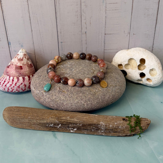 Statement Lepidolite Bracelet with Heart Charm and Aquamarine Drop Charm Pendant
