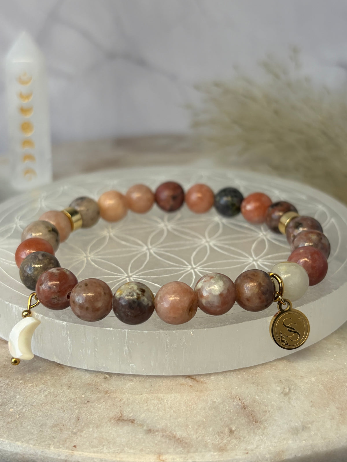 Statement Lepidolite Bracelet with a Freshwater Pearl Crescent Moon Drop Charm