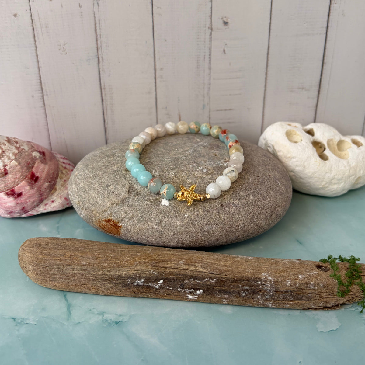 Signature Moonstone and Aqua Terra Jasper Bracelet with a Starfish Charm