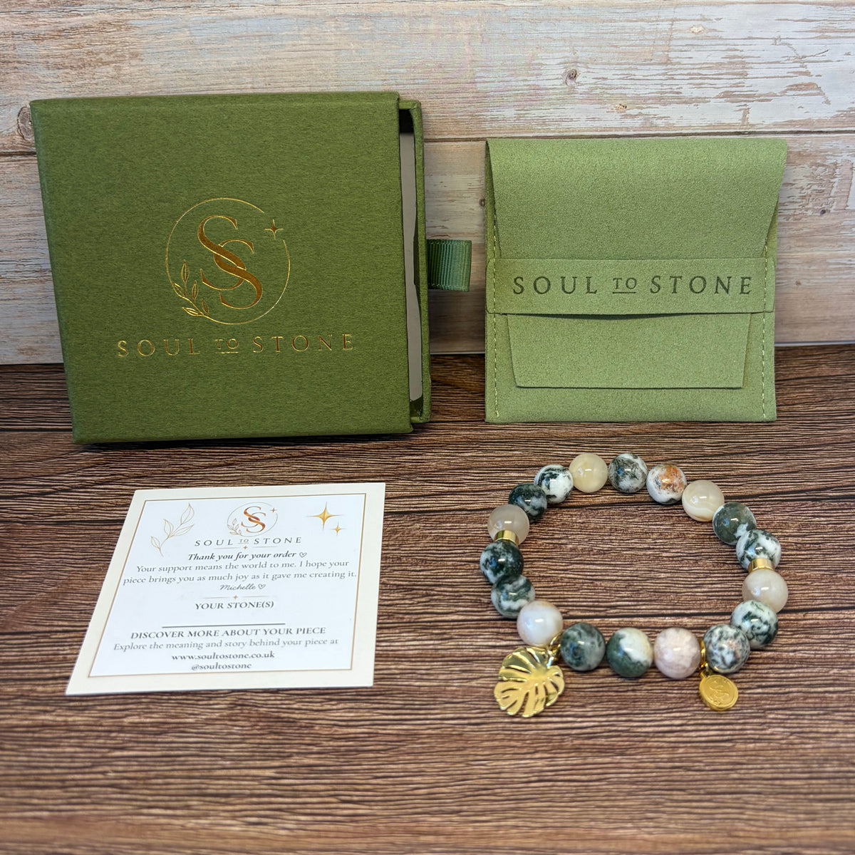 Sovereign Moss Agate and Flower Agate bracelet with Monstera Leaf Drop Charm