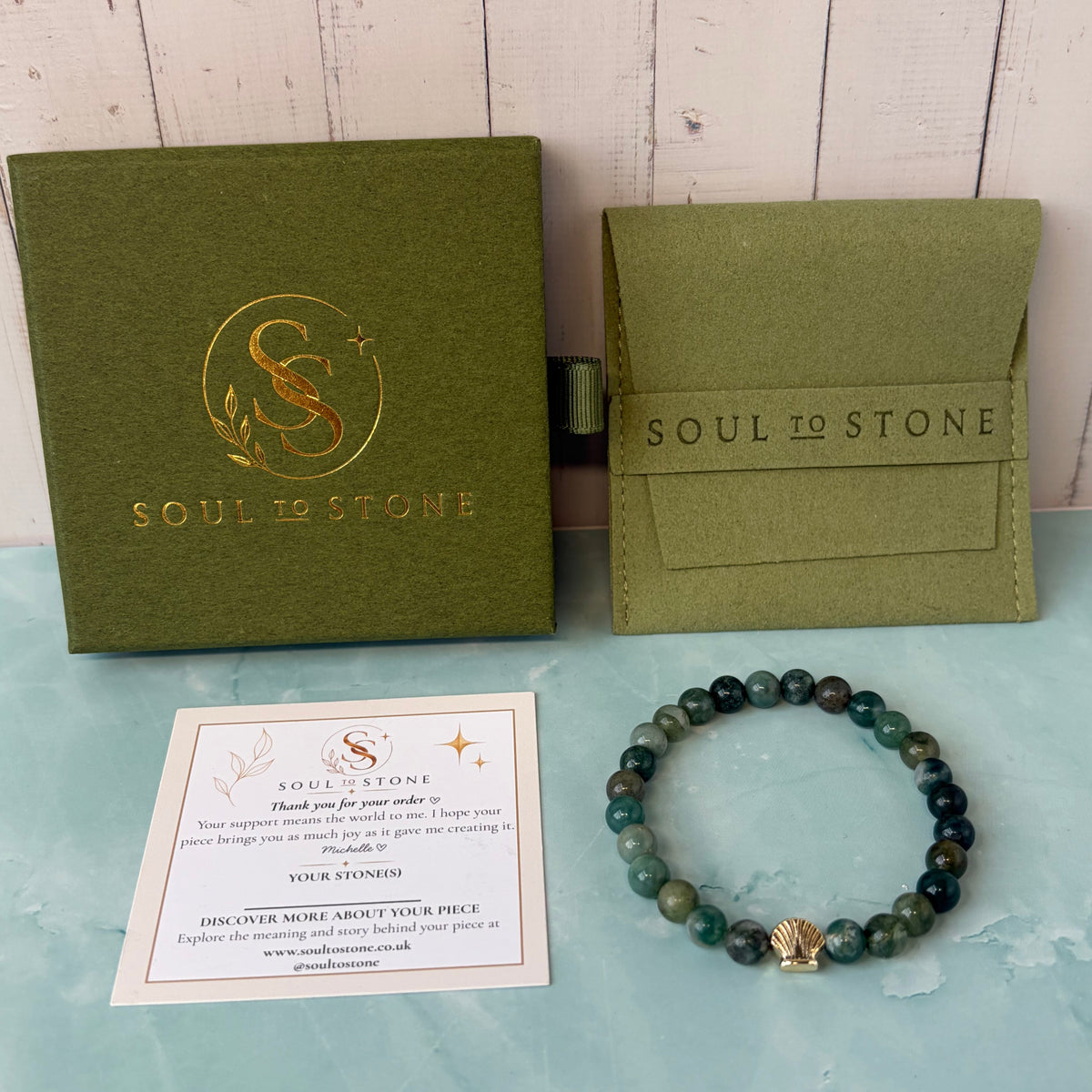 Signature Moss Agate Bracelet with a Shell Charm