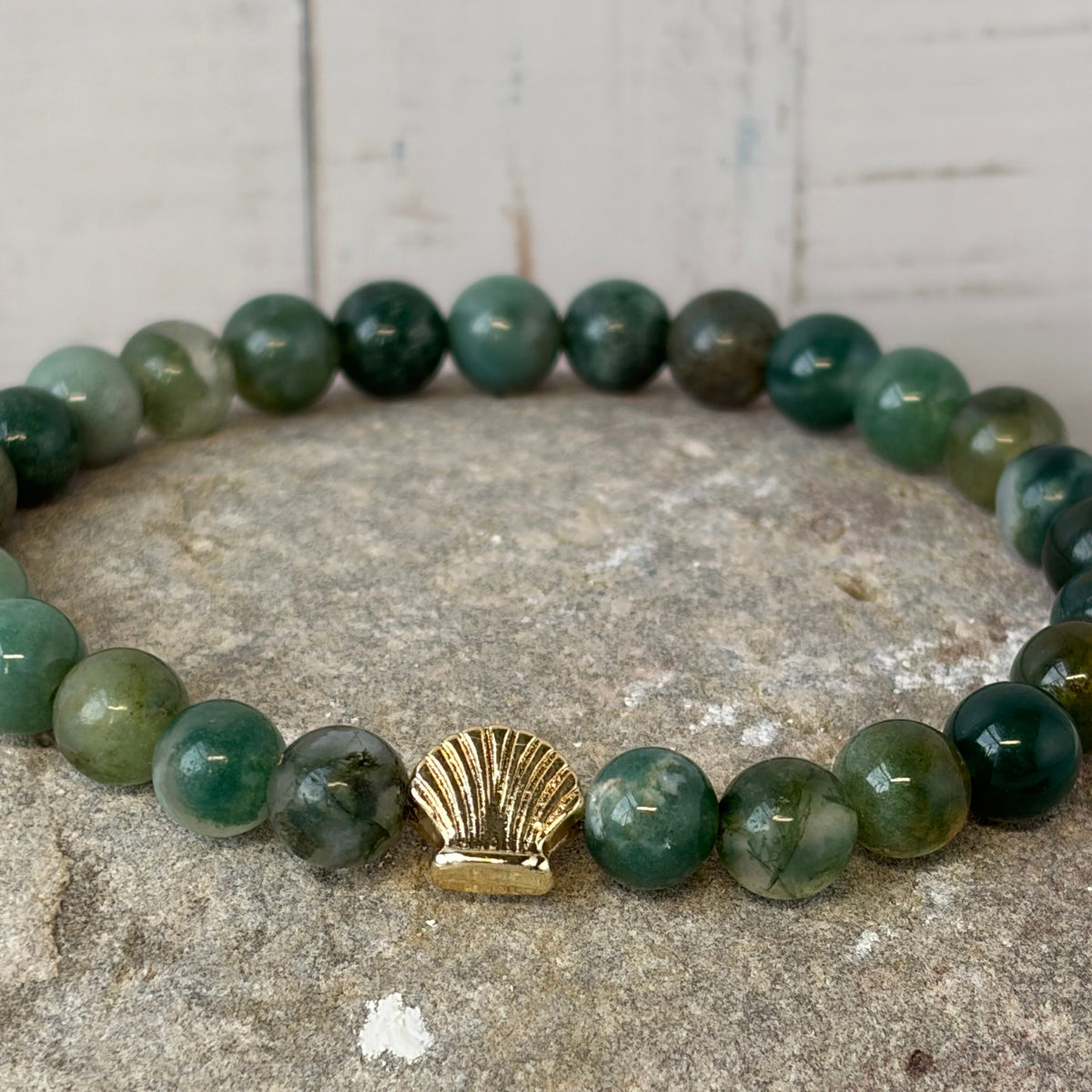 Signature Moss Agate Bracelet with a Shell Charm