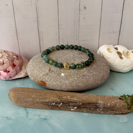 Signature Moss Agate Bracelet with a Shell Charm