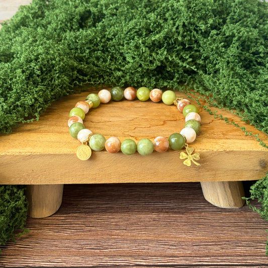 Statement Taiwan Jade and Mottled Jade Bracelet with Four Leaf Clover Drop Charm