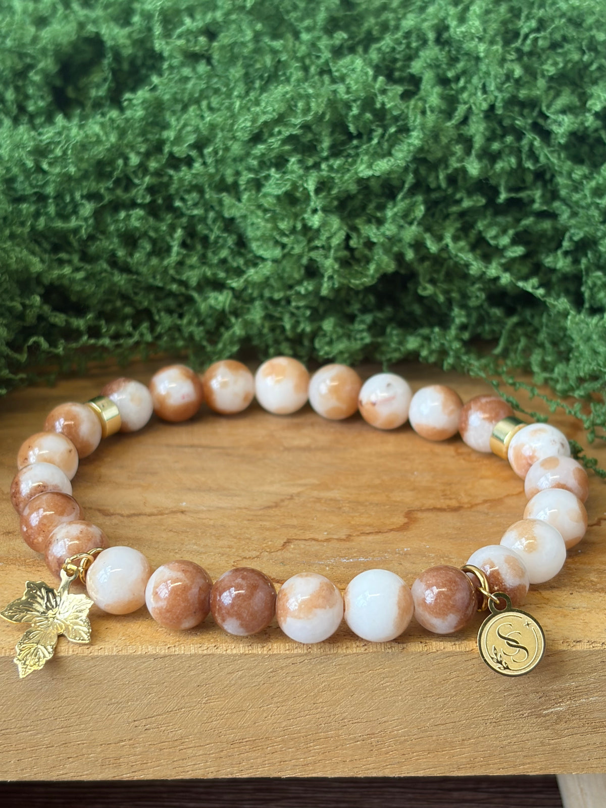Statement Mottled Jade Bracelet with Leaf Drop Charm