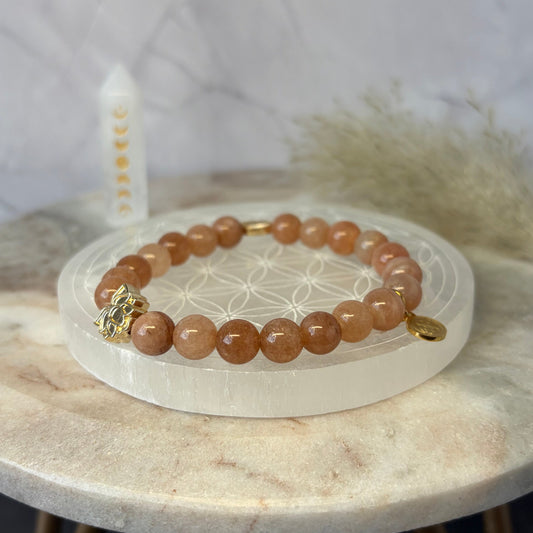 Statement Peach Moonstone Bracelet with Lotus Flower and Leaf charms