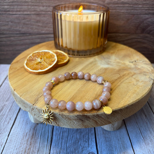 Statement Peach Moonstone Sun Pendant Charm Bracelet