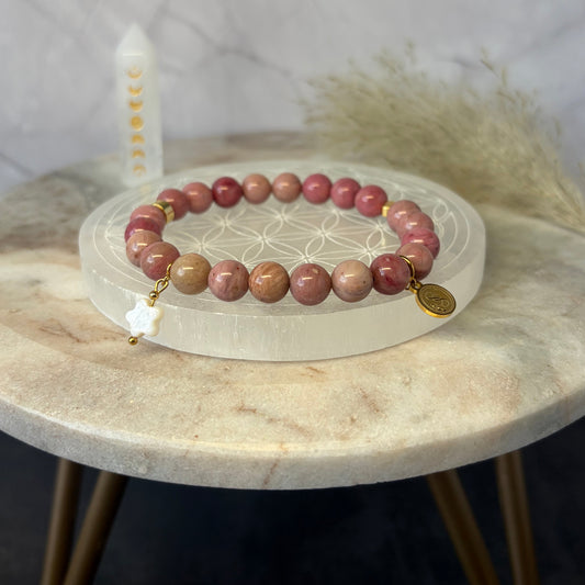 Statement Pink Siliceous Schist Bracelet with a Freshwater Pearl Flower Drop Charm