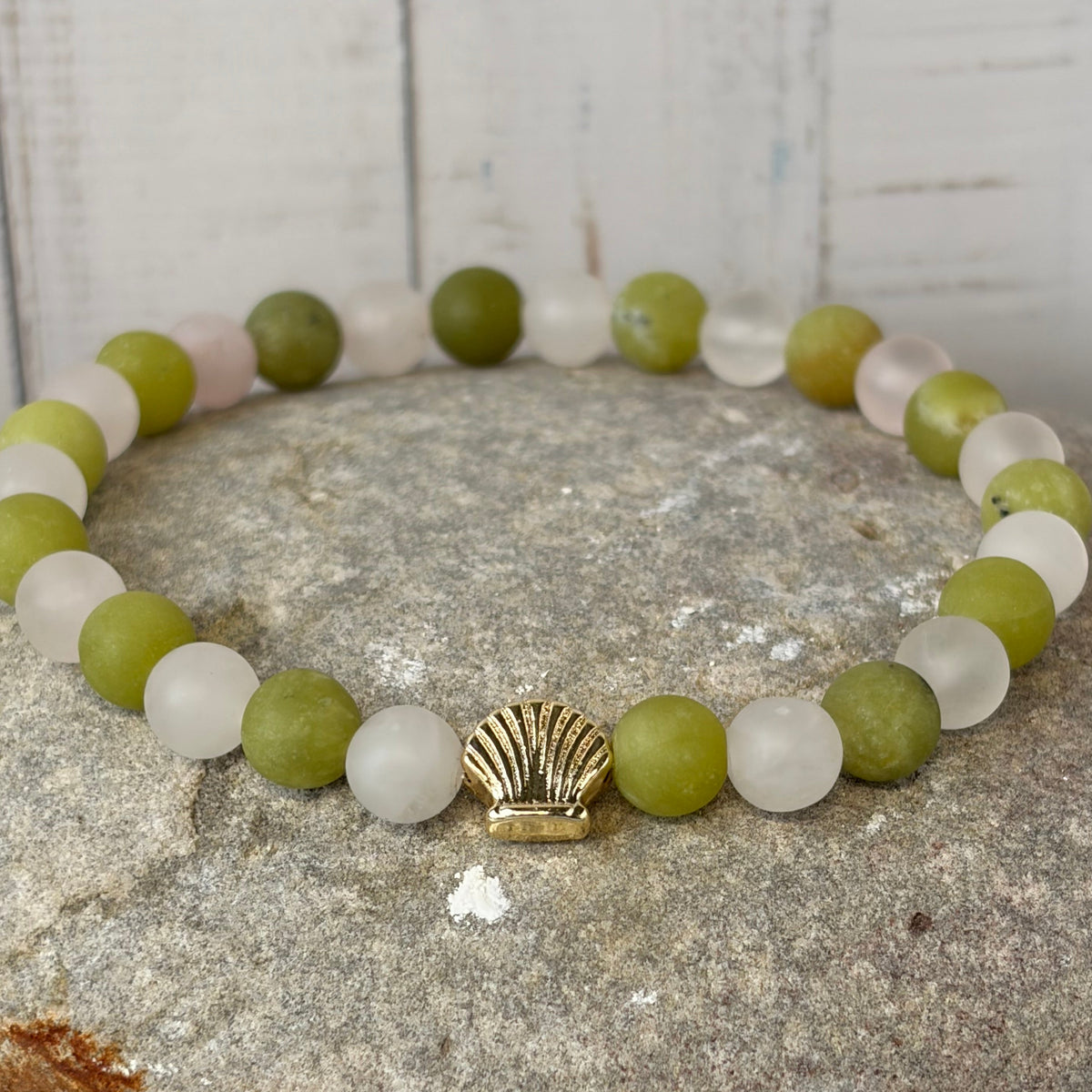 Signature Frosted Taiwan Jade and Frosted Rose Quartz Bracelet with a Shell Charm
