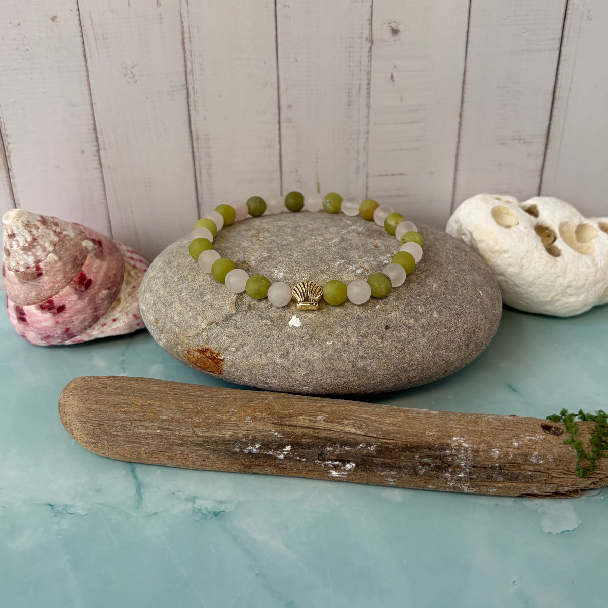 Signature Frosted Taiwan Jade and Frosted Rose Quartz Bracelet with a Shell Charm
