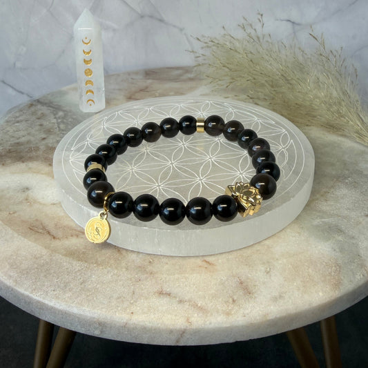 Statement Sheen Obsidian Bracelet with Lotus Flower Charm