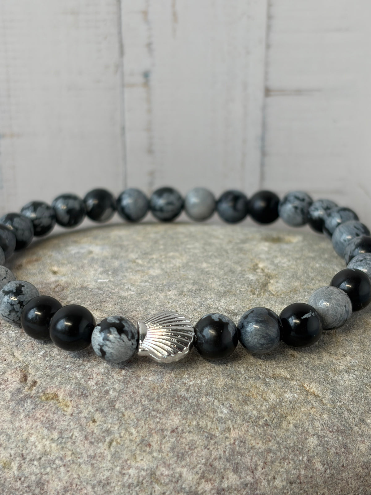 Signature Snowflake Obsidian Bracelet with a Shell Charm