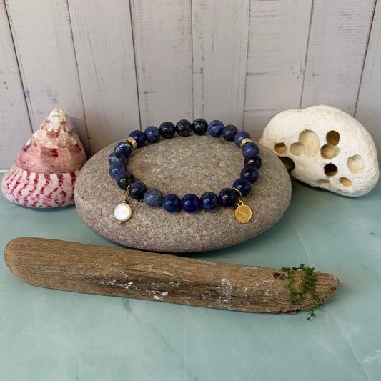 Statement Sodalite Bracelet with a Freshwater Pearl Drop Charm