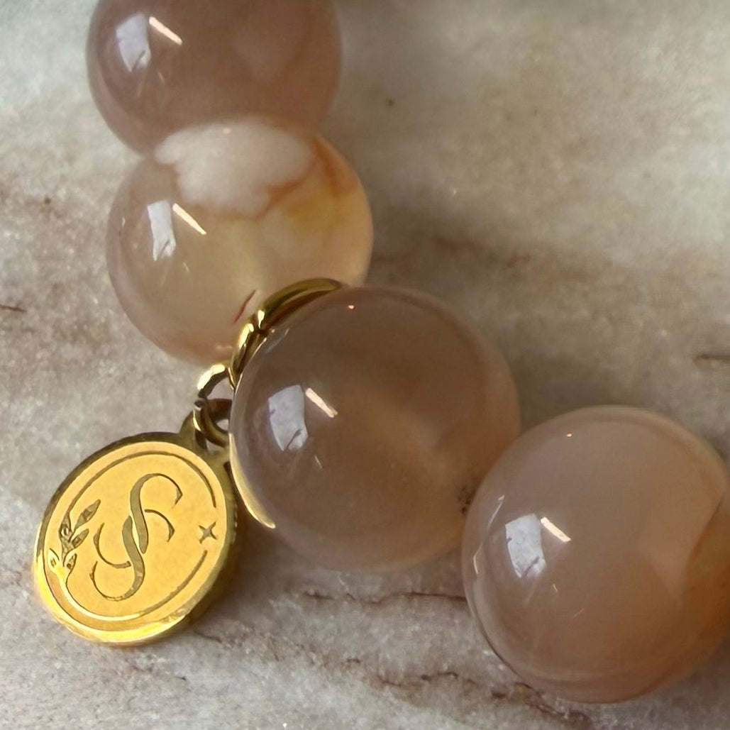 Sovereign Peach Moonstone Bracelet with Black Onyx Pendant Charm