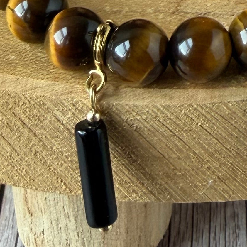 Statement Tiger's Eye Bracelet with Black Onyx Pendant