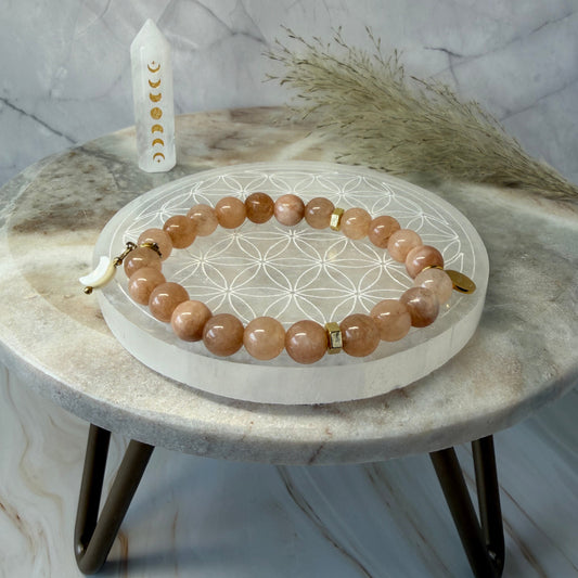 Statement Peach Moonstone Bracelet with a Freshwater Pearl Crescent Moon Pendant