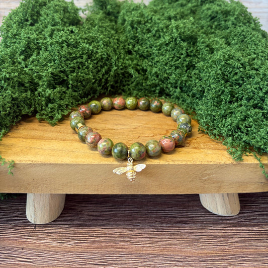 Statement Unakite Bracelet with a Bee Drop Charm