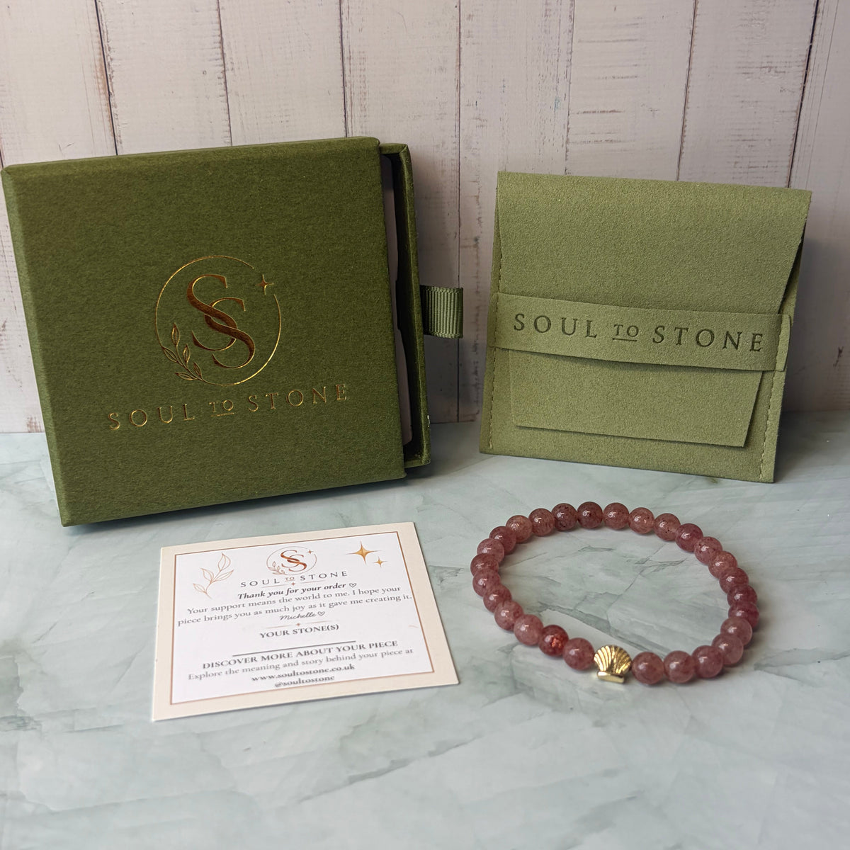 Signature Strawberry Quartz Bracelet with a Shell Charm