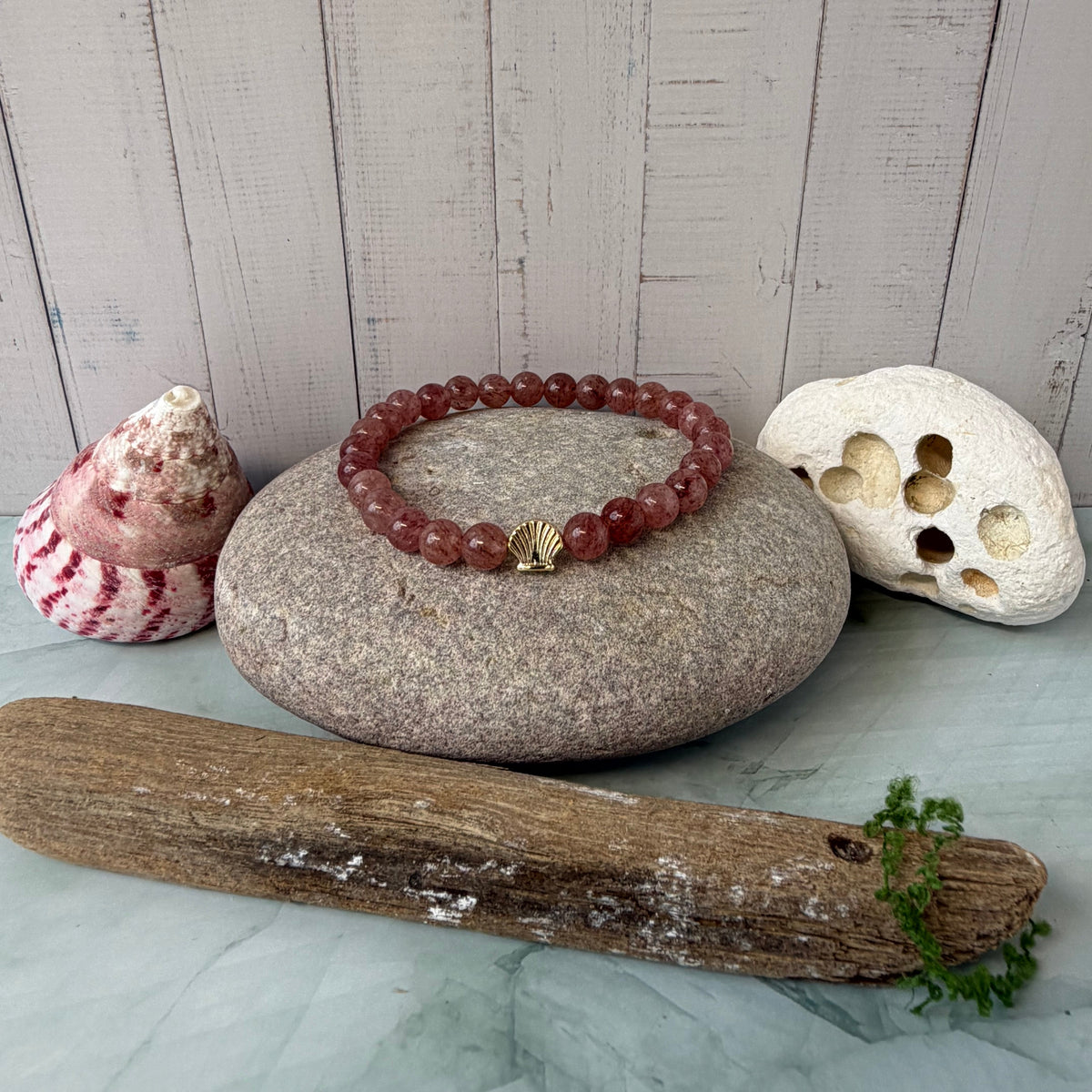 Signature Strawberry Quartz Bracelet with a Shell Charm