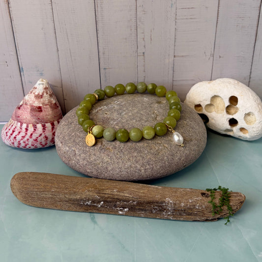 Statement Taiwan Jade Bracelet with a Heart Charm and a Freshwater Pearl Drop Charm Pendant