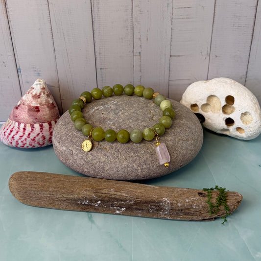 Statement Taiwan Jade Bracelet with a Rose Quartz Drop Charm