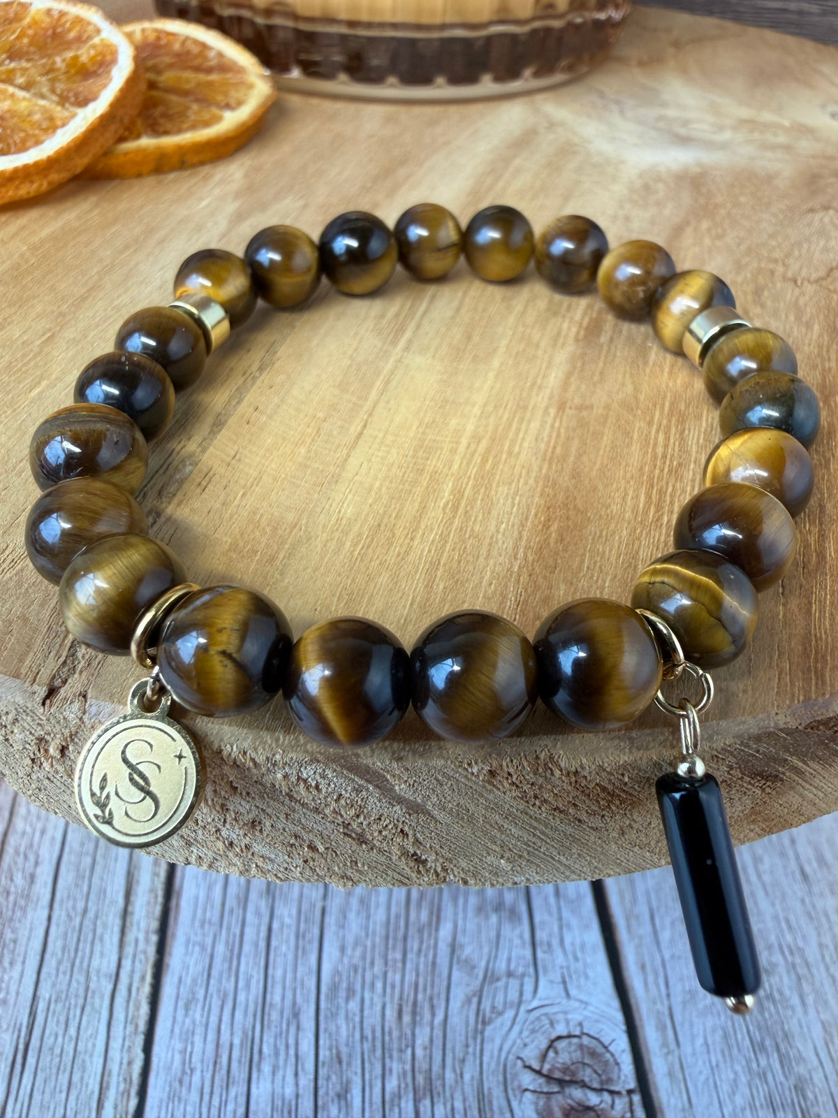 Statement Tiger's Eye Bracelet with Black Onyx Pendant