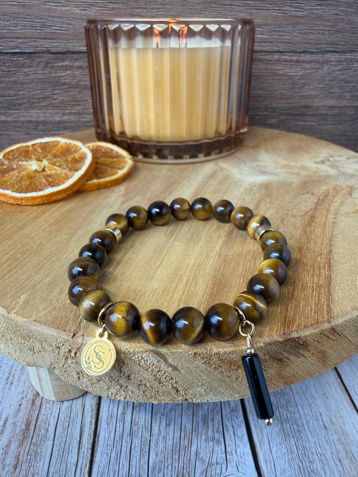 Statement Tiger's Eye Bracelet with Black Onyx Pendant