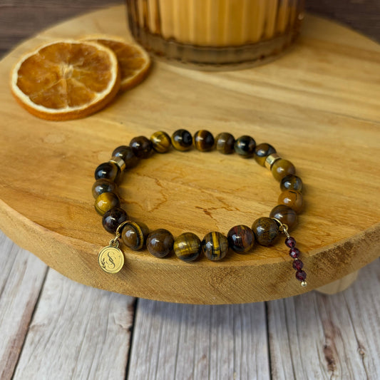Statement Tiger's Eye Bracelet with Garnet Pendant