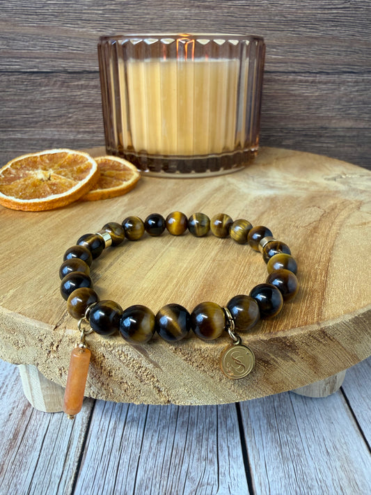 Statement Tiger's Eye Bracelet with Orange Aventurine Pendant