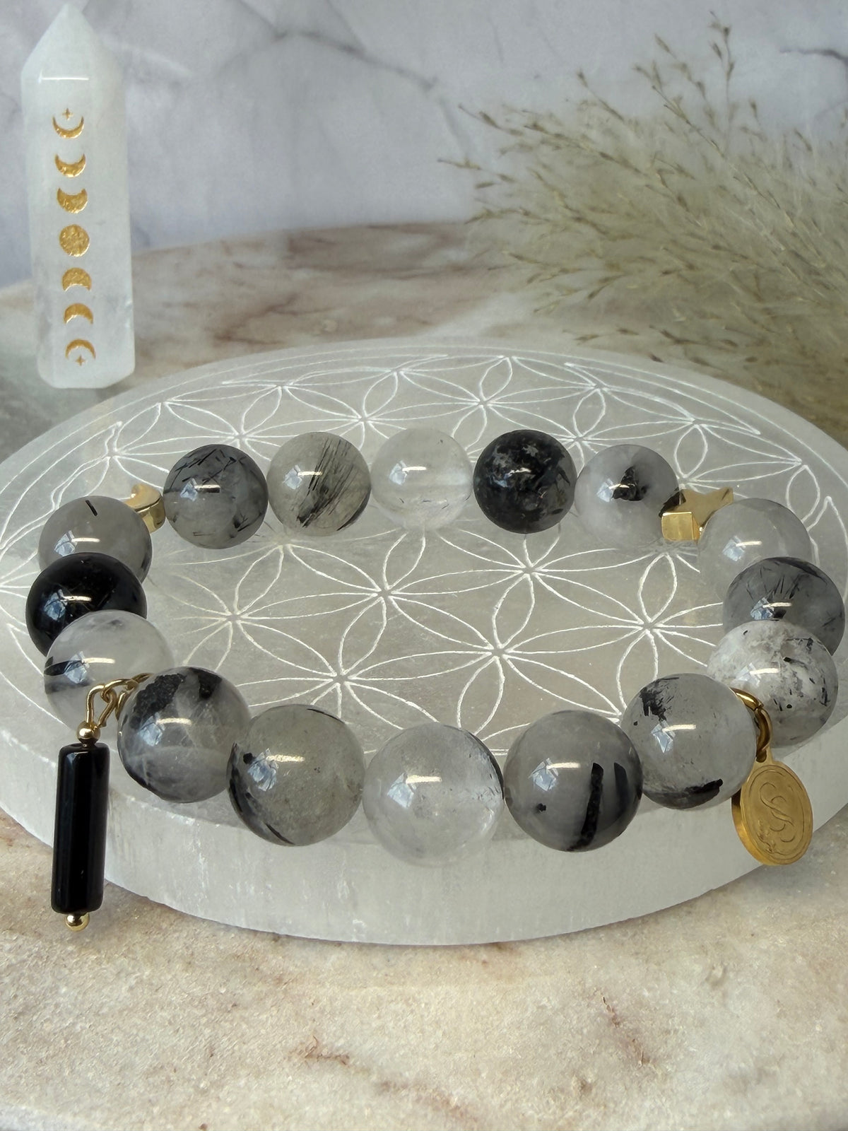 Sovereign Tourmalinated Quartz Bracelet with Black Onyx Pendant Charm
