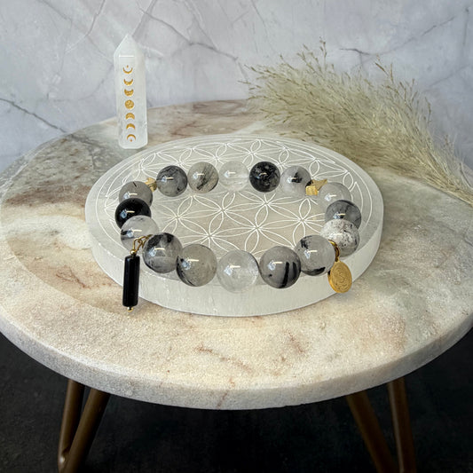 Sovereign Tourmalinated Quartz Bracelet with Black Onyx Pendant Charm